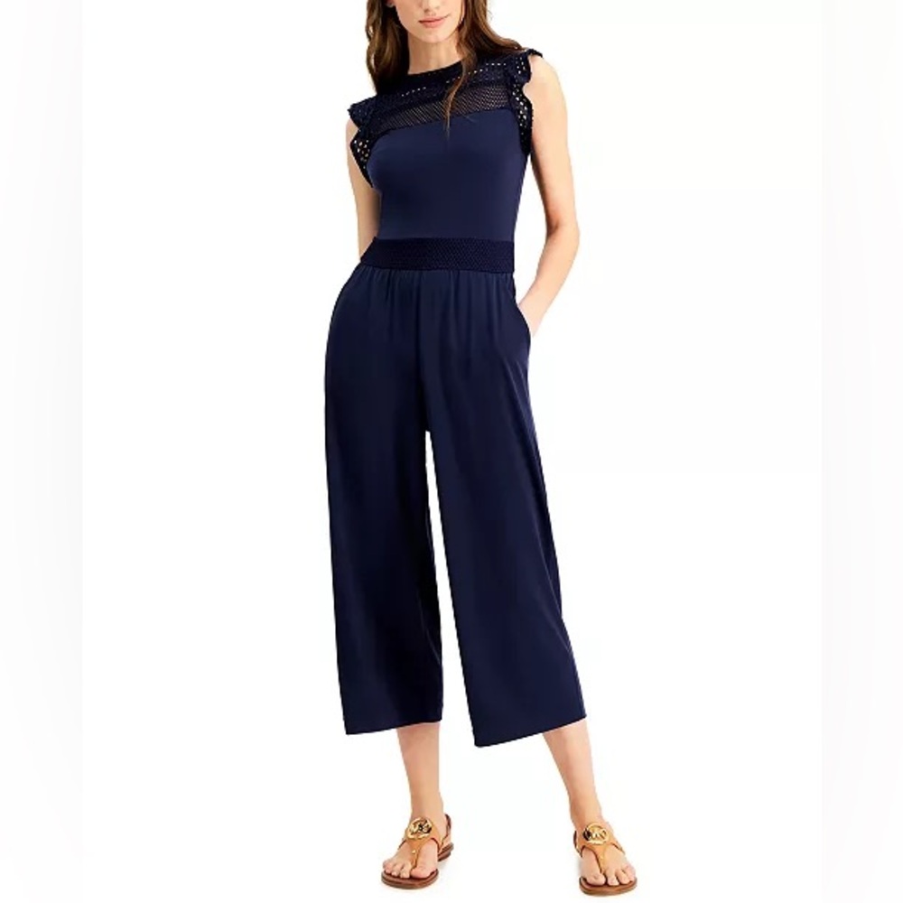 MICHAEL Michael Kors Black Mesh Cropped Flutter-Sleeve Jumpsuit Size XL